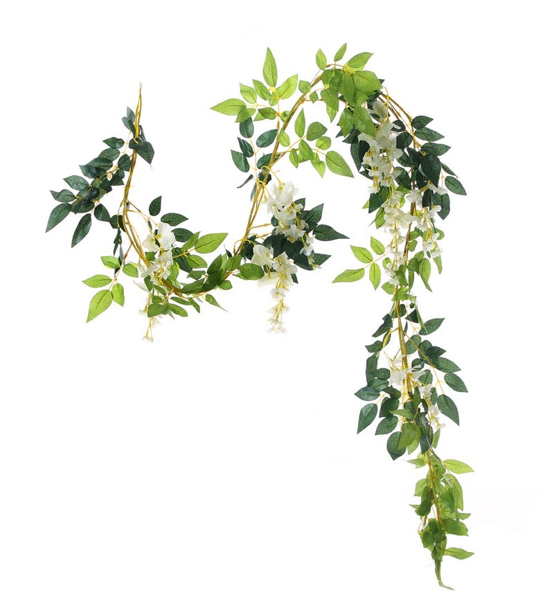 UUPP 2Pcs 6.6Ft Artificial Flowers Vines Silk Wisteria Artificial Garlands Fake Hanging Green Leaf Flower Ivy Vines for Home Garden Wedding Arch Decor, White - Image 4